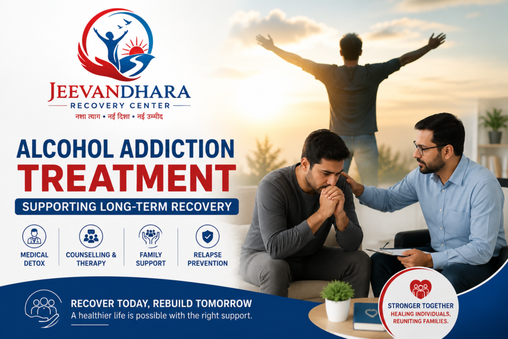 Patient receiving alcohol addiction treatment and counselling at Jeevan Dhara Recovery Centre in Patna with family support for long-term recovery.
