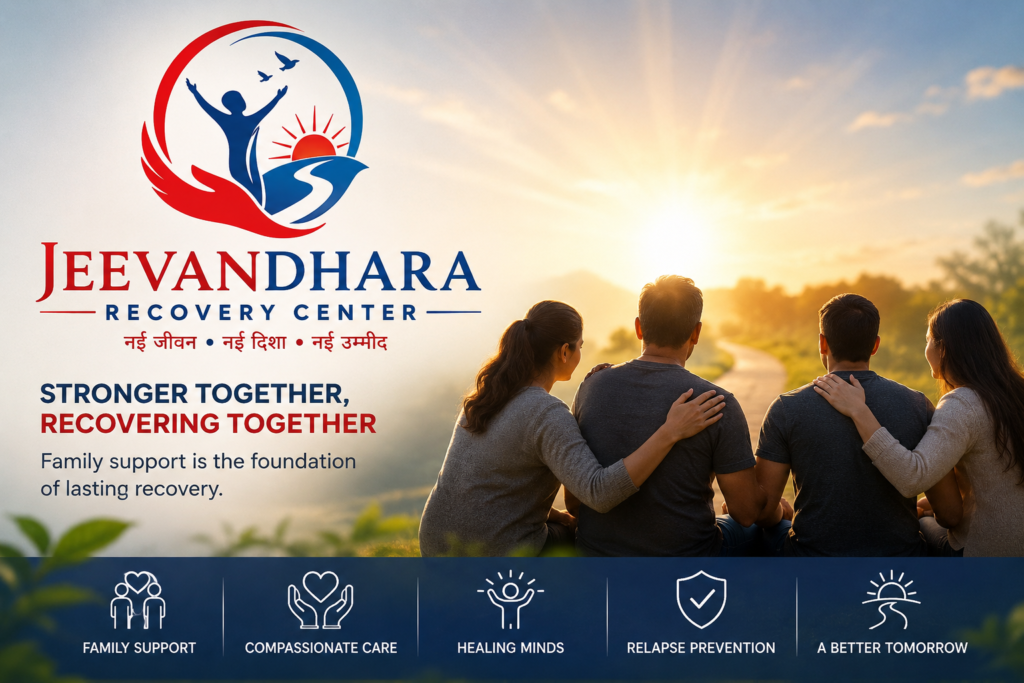Family supporting a recovering addiction patient during counselling at Jeevan Dhara Recovery Centre in Patna